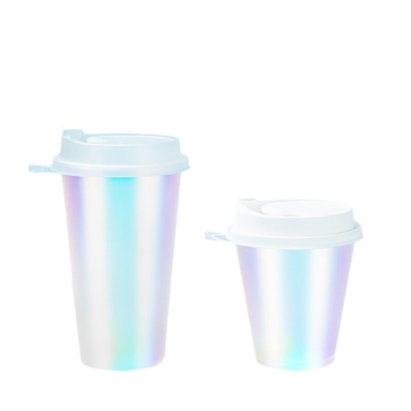 Copos de café moldados por injeção IML com logotipo personalizado - Copos de plástico para bebidas com filme arco-íris com tampas, descartáveis