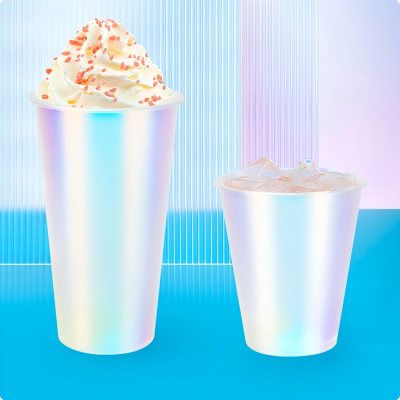 Copos de café moldados por injeção IML com logotipo personalizado - Copos de plástico para bebidas com filme arco-íris com tampas, descartáveis