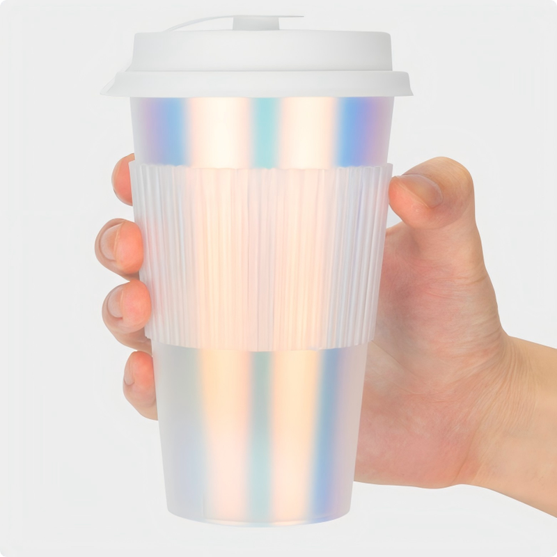 Copos de café moldados por injeção IML com logotipo personalizado - Copos de plástico para bebidas com filme arco-íris com tampas, descartáveis